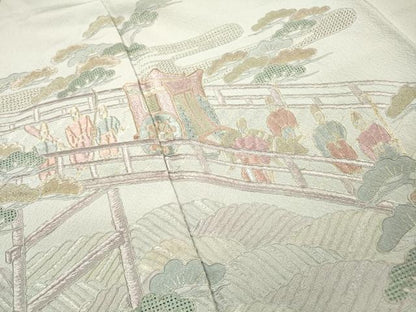 平和屋着物▼中国三大刺繍　スワトウ刺繍　汕頭刺繍　総刺繍　訪問着　渡り橋人物風景文　暈し染　金糸　正絹　逸品　DABH7375fe