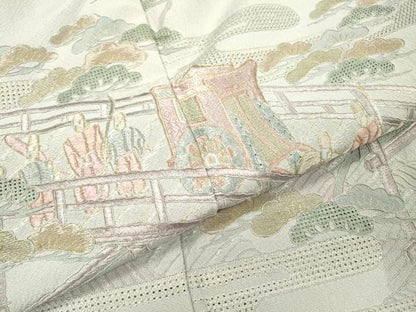平和屋着物▼中国三大刺繍　スワトウ刺繍　汕頭刺繍　総刺繍　訪問着　渡り橋人物風景文　暈し染　金糸　正絹　逸品　DABH7375fe
