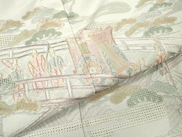 平和屋着物▼中国三大刺繍　スワトウ刺繍　汕頭刺繍　総刺繍　訪問着　渡り橋人物風景文　暈し染　金糸　正絹　逸品　DABH7375fe