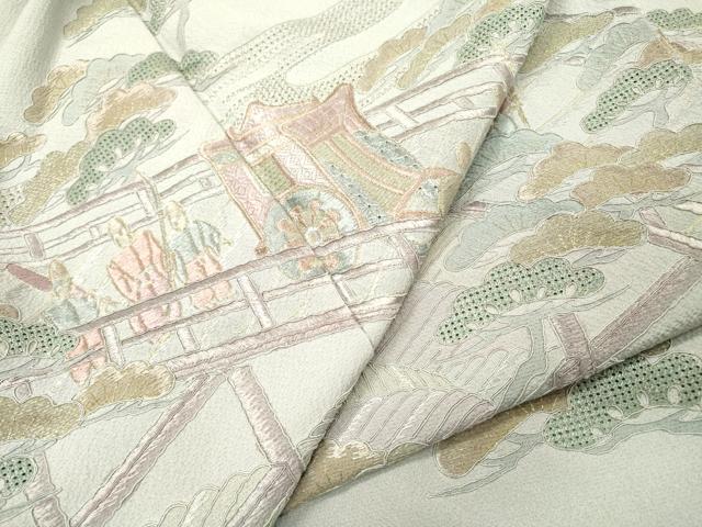 平和屋着物▼中国三大刺繍　スワトウ刺繍　汕頭刺繍　総刺繍　訪問着　渡り橋人物風景文　暈し染　金糸　正絹　逸品　DABH7375fe
