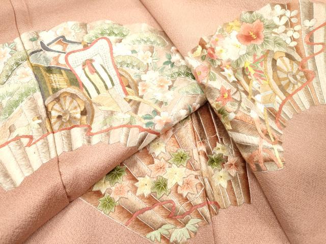 平和屋着物▼豪華色留袖　総刺繍　御所車花文　正絹　逸品　DABH7379fe