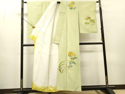 平和屋着物▼訪問着　総絞り　刺繍　笹菊花文　金糸　正絹　逸品　DABH7384fe