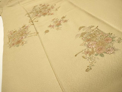 平和屋着物▼中国三大刺繍　スワトウ刺繍　汕頭刺繍　相良刺繍　総刺繍　訪問着　御所車花文　金糸　さが美扱い　正絹　逸品　DABH7385fe