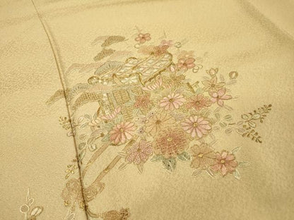 平和屋着物▼中国三大刺繍　スワトウ刺繍　汕頭刺繍　相良刺繍　総刺繍　訪問着　御所車花文　金糸　さが美扱い　正絹　逸品　DABH7385fe