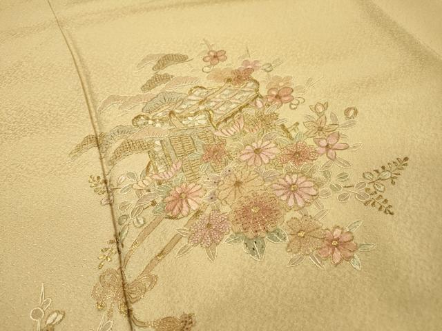 平和屋着物▼中国三大刺繍　スワトウ刺繍　汕頭刺繍　相良刺繍　総刺繍　訪問着　御所車花文　金糸　さが美扱い　正絹　逸品　DABH7385fe
