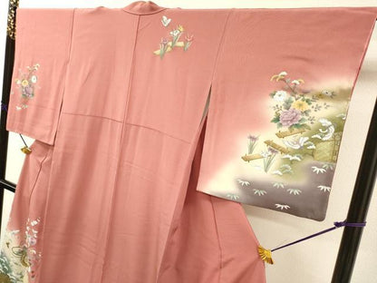 平和屋着物▼訪問着　刺繍　手描き　飛鶴花車文　暈し染　金彩　正絹　逸品　DABH7394fe