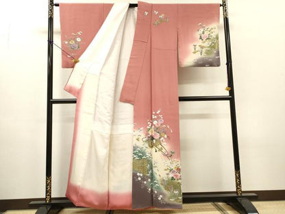平和屋着物▼訪問着　刺繍　手描き　飛鶴花車文　暈し染　金彩　正絹　逸品　DABH7394fe