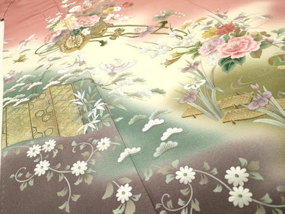 平和屋着物▼訪問着　刺繍　手描き　飛鶴花車文　暈し染　金彩　正絹　逸品　DABH7394fe