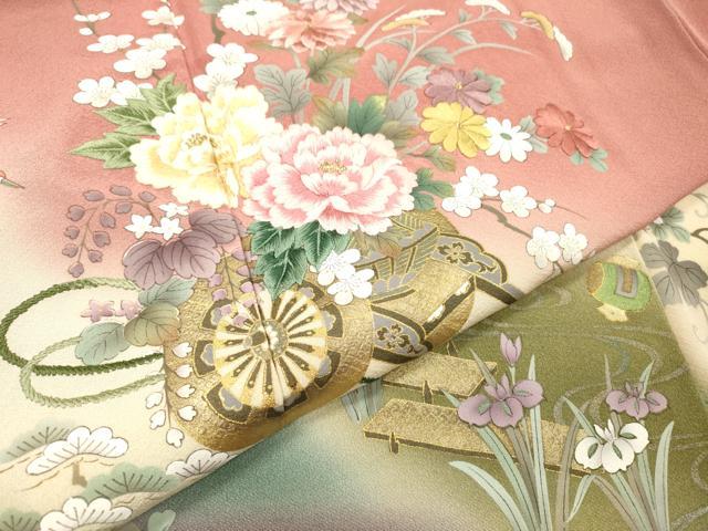平和屋着物▼訪問着　刺繍　手描き　飛鶴花車文　暈し染　金彩　正絹　逸品　DABH7394fe