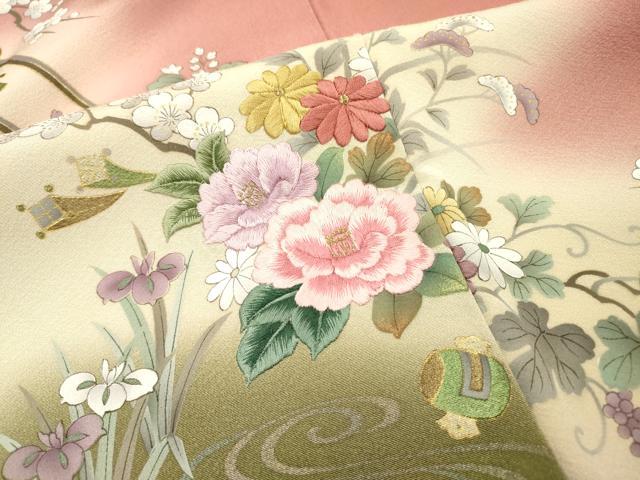 平和屋着物▼訪問着　刺繍　手描き　飛鶴花車文　暈し染　金彩　正絹　逸品　DABH7394fe