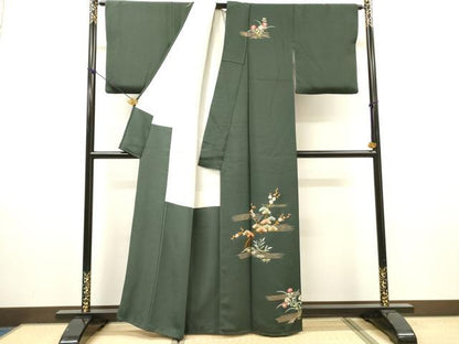 平和屋着物▼訪問着　総刺繍　霞花松文　正絹　逸品　DABH7399fe