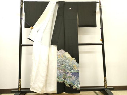 平和屋着物▼中国三大刺繍　スワトウ刺繍　汕頭刺繍　相良刺繍　蘇州刺繍　黒留袖　樹林文　正絹　逸品　DABH7410fe