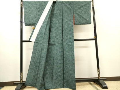 平和屋着物▽上質な紬　単衣　麻の葉文様　正絹　逸品　DABH7434fe
