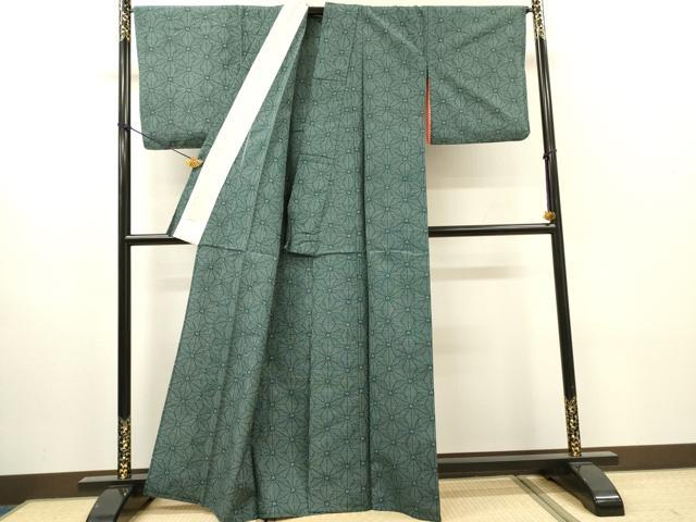 平和屋着物▽上質な紬　単衣　麻の葉文様　正絹　逸品　DABH7434fe