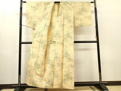 平和屋着物▽上質な紬　単衣　草花　正絹　逸品　DABH7440fe