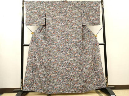 平和屋着物▽上質な小紋　単衣　型染　流水草花　正絹　逸品　未使用　DABH7446fe