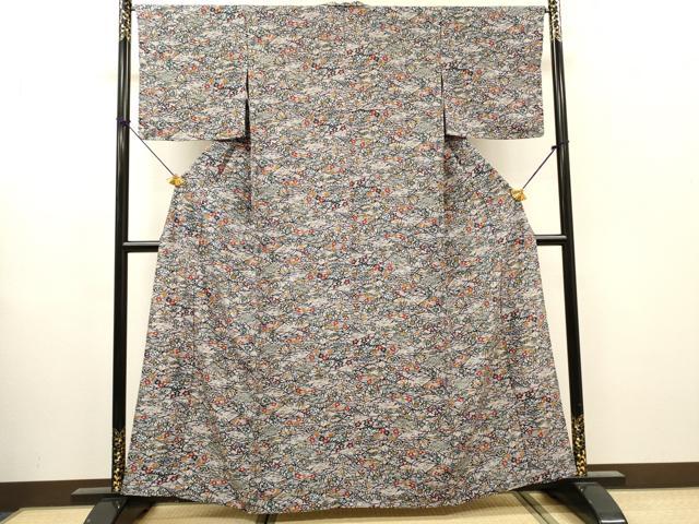平和屋着物▽上質な小紋　単衣　型染　流水草花　正絹　逸品　未使用　DABH7446fe