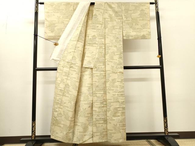 平和屋着物▽上質な紬　単衣　風景花文　正絹　逸品　DABH7456fe