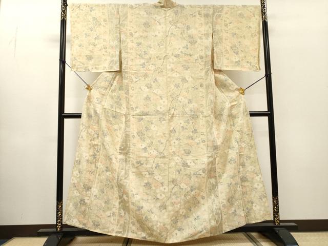 平和屋着物▽上質な小紋　単衣　紬地　枝椿　正絹　逸品　DABH7465fe