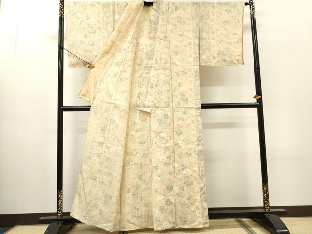 平和屋着物▽上質な小紋　単衣　紬地　枝椿　正絹　逸品　DABH7465fe