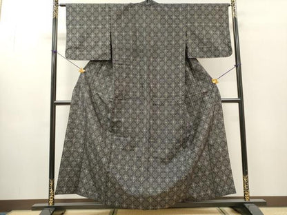 平和屋着物▽上質な紬　単衣　格子花菱文　黒地　正絹　逸品　DABH7466fe