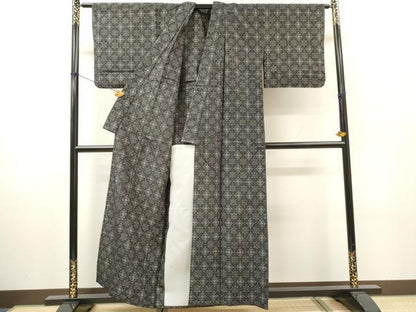 平和屋着物▽上質な紬　単衣　格子花菱文　黒地　正絹　逸品　DABH7466fe