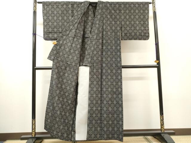 平和屋着物▽上質な紬　単衣　格子花菱文　黒地　正絹　逸品　DABH7466fe