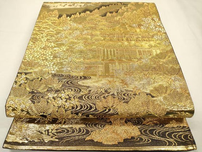 平和屋着物▼京の名門　じゅらく謹製　六通柄袋帯　古都京勝錦繍絵巻　金閣箔　正絹　逸品　DABH7474fe