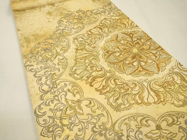 平和屋着物▼太鼓柄袋帯　総刺繍　正倉院花唐草文　金銀糸　引箔　正絹　逸品　DABH7480fe