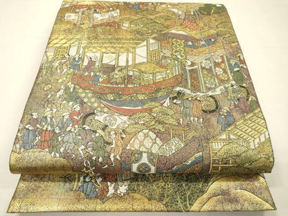 平和屋着物▼全通全景柄袋帯　洛中洛外図　金糸　引箔　正絹　逸品　DABH7484fe