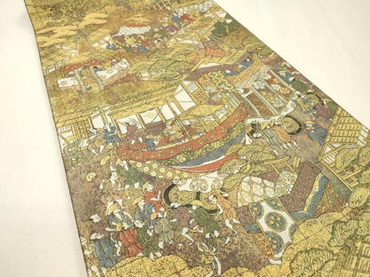 平和屋着物▼全通全景柄袋帯　洛中洛外図　金糸　引箔　正絹　逸品　DABH7484fe