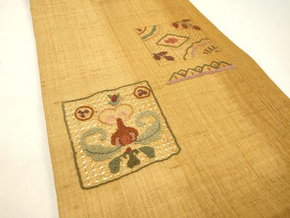 平和屋着物●中国三大刺繍　スワトウ刺繍　汕頭刺繍　相良刺繍　総刺繍　九寸開き名古屋帯　紬地　色紙洋花文　正絹　逸品　DABH7488fe