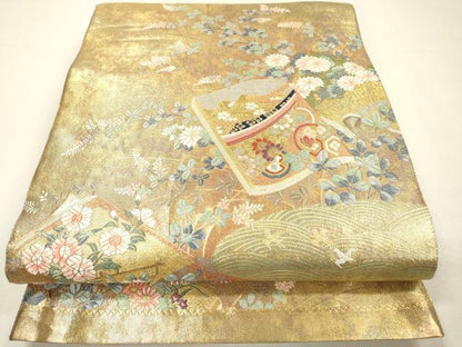 平和屋着物▼全通柄袋帯　唐織　冊子花文　金彩　引箔　正絹　逸品　未使用　DABH7492fe