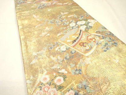 平和屋着物▼全通柄袋帯　唐織　冊子花文　金彩　引箔　正絹　逸品　未使用　DABH7492fe