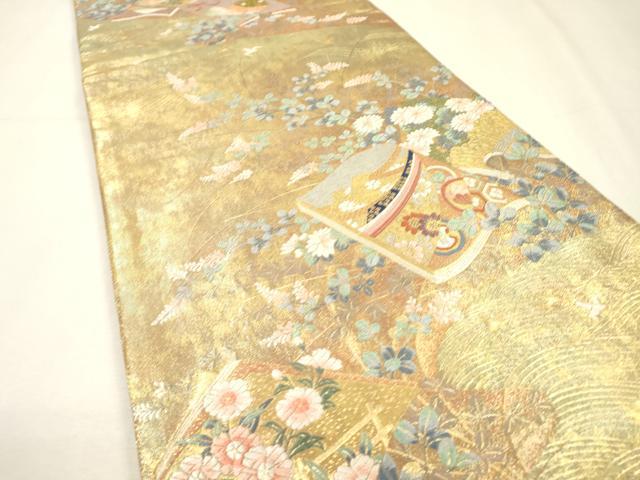 平和屋着物▼全通柄袋帯　唐織　冊子花文　金彩　引箔　正絹　逸品　未使用　DABH7492fe