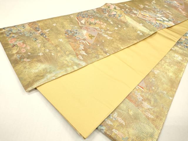 平和屋着物▼全通柄袋帯　唐織　冊子花文　金彩　引箔　正絹　逸品　未使用　DABH7492fe