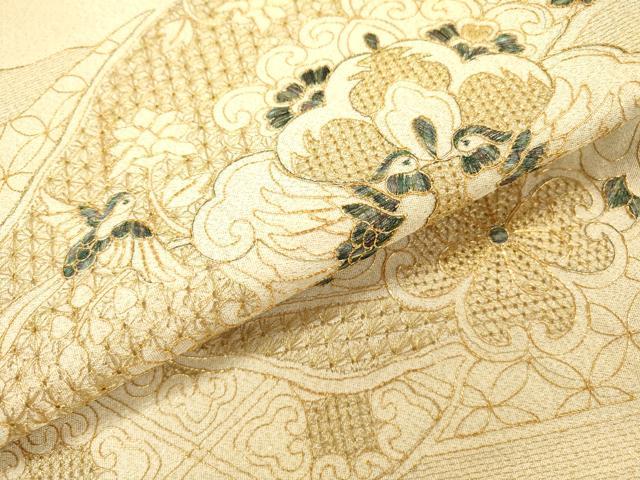 平和屋着物▼中国三大刺繍　スワトウ刺繍　汕頭刺繍　総刺繍　綴れ　太鼓柄袋帯　吉祥飛鳥花文　金糸　正絹　逸品　DABH7493fe
