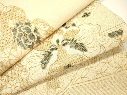 平和屋着物▼中国三大刺繍　スワトウ刺繍　汕頭刺繍　総刺繍　綴れ　太鼓柄袋帯　吉祥飛鳥花文　金糸　正絹　逸品　DABH7493fe