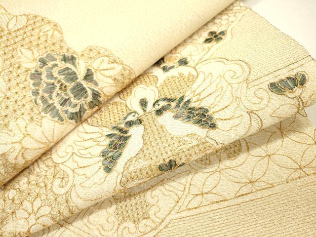 平和屋着物▼中国三大刺繍　スワトウ刺繍　汕頭刺繍　総刺繍　綴れ　太鼓柄袋帯　吉祥飛鳥花文　金糸　正絹　逸品　DABH7493fe