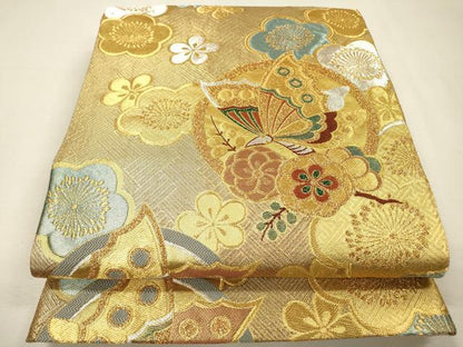 平和屋着物▼六通柄袋帯　梅花能衣蝶文　優雅　金銀糸　正絹　逸品　DABH7496fe