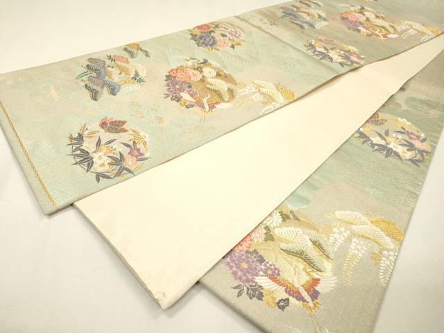 平和屋着物▼六通柄袋帯　唐織　加賀　飛鶴花松丸文　金糸　正絹　逸品　DABH7503fe