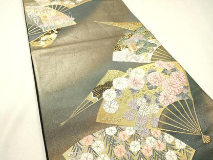 平和屋着物▼六通柄袋帯　唐織　扇面御所車花文　金銀糸　引箔　正絹　逸品　DABH7530fe