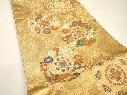 平和屋着物▼両面　六通柄袋帯　唐織　蜀江正倉院花文　金糸　正絹　逸品　DABH7532fe