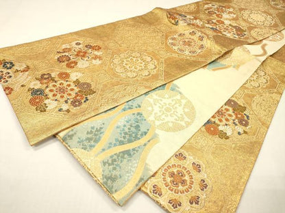 平和屋着物▼両面　六通柄袋帯　唐織　蜀江正倉院花文　金糸　正絹　逸品　DABH7532fe