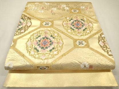 平和屋着物▼太鼓柄袋帯　総刺繍　蜀江正倉院花文　金糸　正絹　逸品　未使用　DABH7536fe