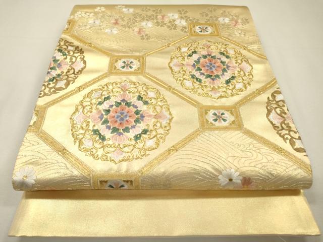 平和屋着物▼太鼓柄袋帯　総刺繍　蜀江正倉院花文　金糸　正絹　逸品　未使用　DABH7536fe