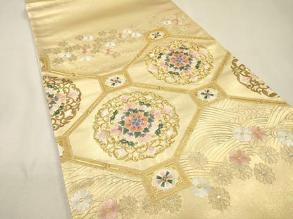 平和屋着物▼太鼓柄袋帯　総刺繍　蜀江正倉院花文　金糸　正絹　逸品　未使用　DABH7536fe