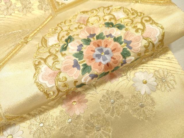 平和屋着物▼太鼓柄袋帯　総刺繍　蜀江正倉院花文　金糸　正絹　逸品　未使用　DABH7536fe