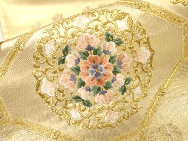 平和屋着物▼太鼓柄袋帯　総刺繍　蜀江正倉院花文　金糸　正絹　逸品　未使用　DABH7536fe