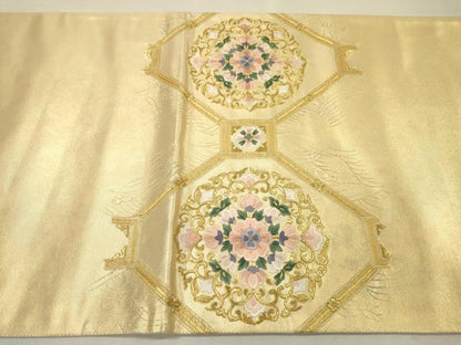 平和屋着物▼太鼓柄袋帯　総刺繍　蜀江正倉院花文　金糸　正絹　逸品　未使用　DABH7536fe